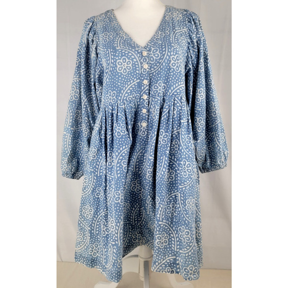Madewell Dresses & Skirts - Madewell Bubble Sleeve Button Front Mini Dress Indigo Paisley Women's Size M